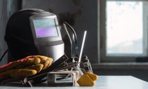 An image showing a welding helmet and other welding safety equipment.